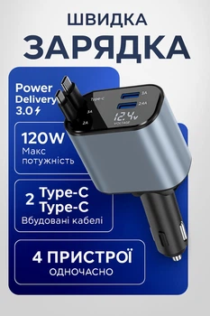 Автомобільна швидка зарядка від прикурювача LL2C з висувними кабелями Type-C, 120W, USB, Вольтметр