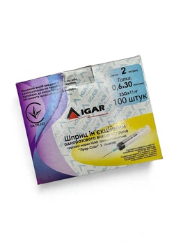 Шприц одноразовый 2 мл IGAR 3-х компонентная игла 0,6х 30 мм 100 шт в упак