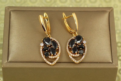 Сережки підвіски Xuping Jewelry неонова ніч з чорними каменями 3.4 см золотисті