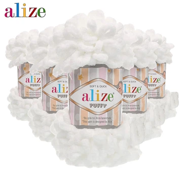 Нитки для вязания Alize Puffy плюшевая пряжа с готовыми петлями 500г/45м, Белый (ALPF055)