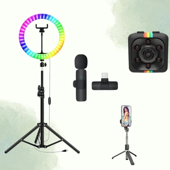 Набір для блогера 5 в 1 з камерою RGB Кільцева лампа 45 см MJ-18 з пультом Штатив 2 м Мікрофон Селфі палка монопод