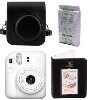 Набор Fujifilm INSTAX Mini 12 Clay White / Black фотокамера мгновенной печати / картридж 10 фото / чехол / альбом 64 фото черно-белый