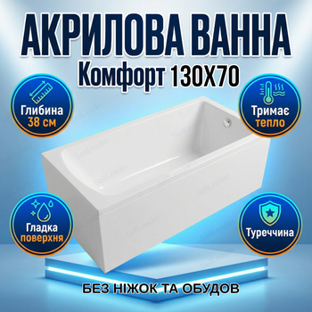 Ванна акриловая Insana Milas 130x70 см глубина 38см пристенная без ножек компактная для ванной комнаты белая