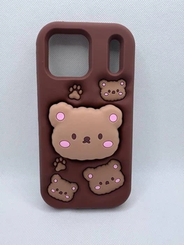Детский резиновый чехол Bear для Apple iPhone 17 Pro Max с подставкой держателем Коричневый