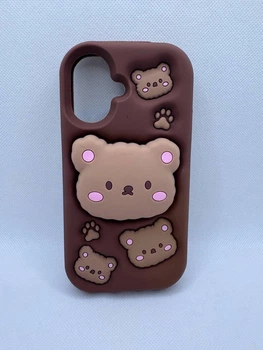 Детский резиновый чехол Bear для Apple iPhone 17 с подставкой держателем Коричневый