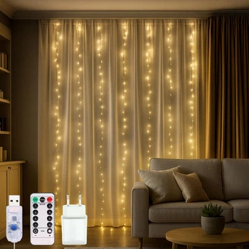 Светодиодная гирлянда штора "Роса мишура" 3x2м, 600 LED, от USB и сети, с пультом, 8 режимов, IP44, Теплый белый