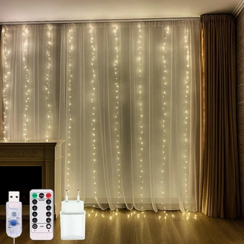 Светодиодная гирлянда штора "Роса мишура" 2x2м, 480 LED, от USB и сети, с пультом, 8 режимов, IP44, Теплый белый
