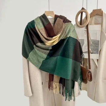Зимний кашемировый шарф палантин в клетку Cashmere с бахромой 185х68см Коричнево - Зеленый