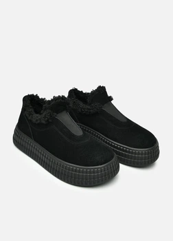 Женские короткие зимние угги PARADIZE SHOES из черной замши с черной меховой опушкой на высокой подошве 40 размер (стелька 26,2 см)
