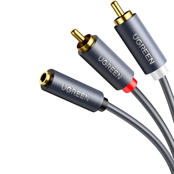 Кабель-переходник Ugreen AV102 3.5mm Mini Jack Female - 2 RCA Male 1 м Hi-Fi, позолоченные коннекторы Серый (10588)