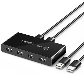 USB-переключатель Ugreen US216 USB 2.0 2 ПК - 4 устройства Micro USB питание 2 кабеля 1.5 м Черный (30767)