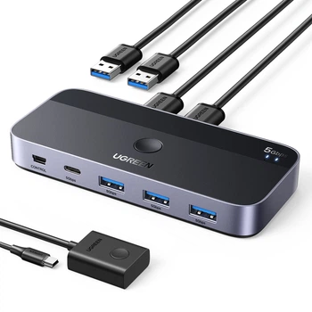 USB-переключатель Ugreen CM662 2 входа 4 выхода USB 3.0 3xUSB-A + 1xUSB-C 5 Гбит/с с пультом Серый (15705)