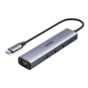USB-хаб Ugreen CM475 USB-C - 3xUSB 3.0 + RJ45 1000 Мбіт/с + PD 100W 20 см Сірий (20932)