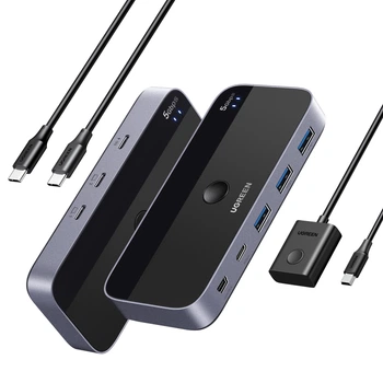 Переключатель USB Ugreen CM687 для 2 ПК на 4 устройства 3xUSB-A + 1xUSB-C USB 3.0 5 Гбит/с с пультом Черный (25098)