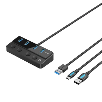 USB-хаб Vention 4 порти USB 3.0 з вимикачами, додаткове живлення USB-C 1 м Чорний (CHWBF)