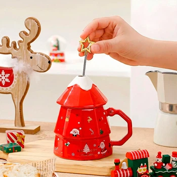 Новогодняя чашка "Merry Christmass" Елка Red кружка в форме елки с ложечкой подарочный набор