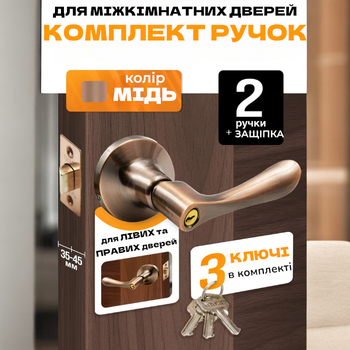 Комплект ручка- защёлка кноб с ключами для межкомнатных дверей HIDOOR L891-01 AС (медь)