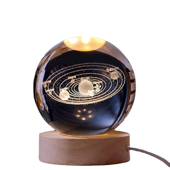 Нічник USB кришталева куля "3D Сонячна система" MLT на дерев'яній підставці