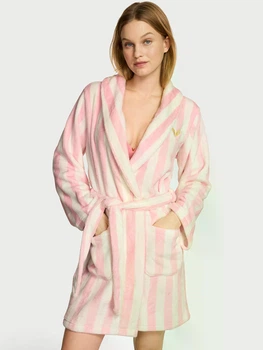 Плюшевий халат Victoria's Secret Cozy Plush Robe M/L біло-рожева смужка 27161697
