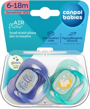 Пустушка силіконова симетрична Canpol babies NightGlow 6-18 місяців 2 шт (34/943_blu)