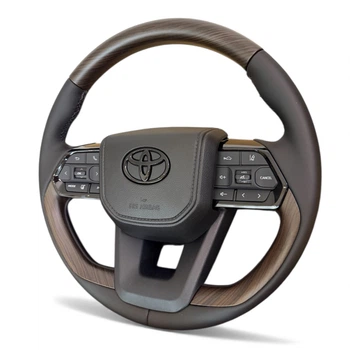 Руль для Toyota Land Cruiser 100, Prado 120. Коричневое дерево. Черный логотип. В стиле LC300. В сборе.