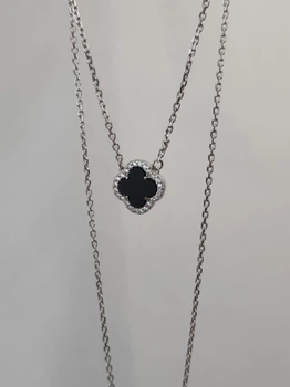 Серебряное колье в стиле Van Cleef Ван Клиф клевер с ониксм и камешками (ЛК-013631он)