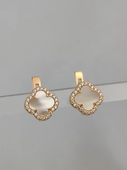 Серебряные серьги в позолоте в стиле Van Cleef Ван Клиф клевер с Перламутром и камушками (ЛК-013631перп)