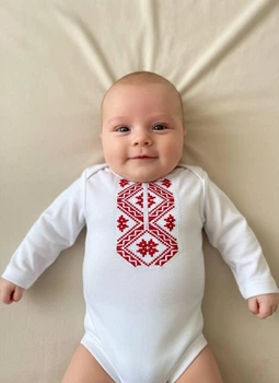 Боді дитячий Piccolo з довгим рукавом 95% Бавовна Червона вишиванка (Білий/Червоний) | Зріст 74