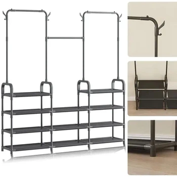 Стійка-вішалка для одягу та взуття 11полок, 4гачка Model1BLACK 164×137×26 см, нержавіюча сталь, чорна