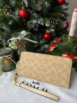 Гаманець бежений коричневий Long Zip Around Wallet With Detachable Card Case In Signature Canvas натуральна шкіра + подарункове пакування