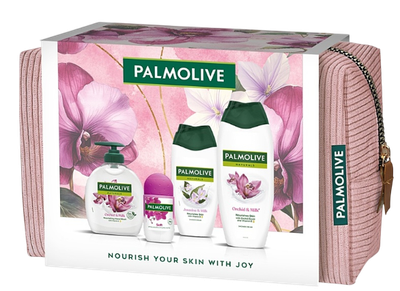 Zestaw kosmetyków do pielęgnacji ciała Palmolive Naturals Orchid & Milk Kosmetyczka + Antyperspirant w kulce 50 ml + Żel pod prysznic 500 ml + Żel pod prysznic 250 ml + Mydło w płynie 300 ml (8718951752191)