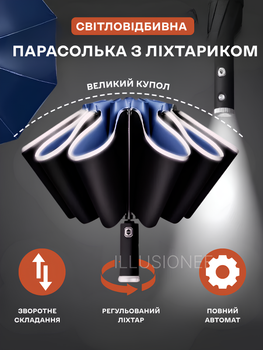 Зонт автомат парасолька з LED ліхтариком світловідбивною стрічкою 10 спиць складна компактна вітрозахисна парасолі з міцним механізмом антивітер чоловіча жіноча автоматична зручна від дощу для сумки подорожей дороги прогулянок дорожня синій 3DTOYSLAMP