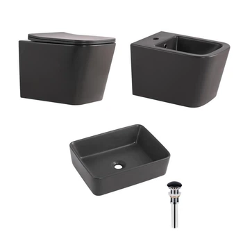 Комплект Qtap Tern Anthracite 3 в 1: подвесной унитаз Ultra Quiet + биде подвесное + раковина накладная QTROBAN49157