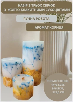Набор свечей ручной работы декоративные свечи в наборе из 3 шт с голубой гипсофилой и желтой розой аромат корица