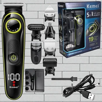 Тример безпровідний Kemei KM для бороди та стрижки волосся 5 в 1 стайлер 5 Вт з LED-дисплеєм машинка для тіла, голови зарядка від USB (696)