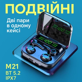 Bluetooth навушники M21 TWS, BT 5.3, подвійні з сенсорним керуванням, з мікрофоном, з PowerBank 1200 mAh, чорні, 3309657