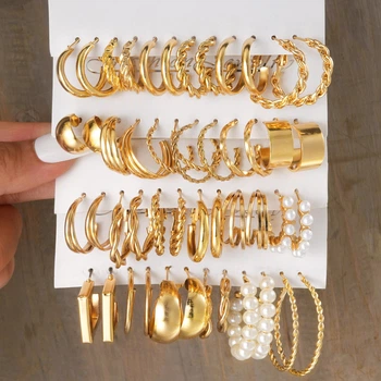 Большой набор серёжек Fashion Jewelry золотистых 48 штук