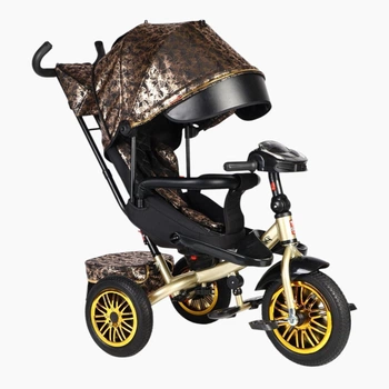 Детский трехколесный велосипед Best Trike Perfetto 8066 надувные колеса, музыкальная панель + USB, с родительской ручкой (Черно-золотой)