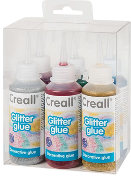Glitterglue Creall zestaw 6 klejów po 100 ml w kolorze Niebieskim, Zielonym, Różowym, Czerwonym, Złotym, Srebrnym (8714181096104)