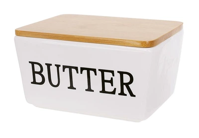 Масленка керамическая BUTTER с бамбуковой крышкой 13.8*10.2*7.8см, глянцевая белая 304-027