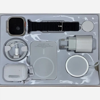 Подарунковий набір гаджетів DT1000 6 в 1 Смарт-годинник Smart Watch Ultra, навушники, павербанк Все White, годинник Silver Black (18573)