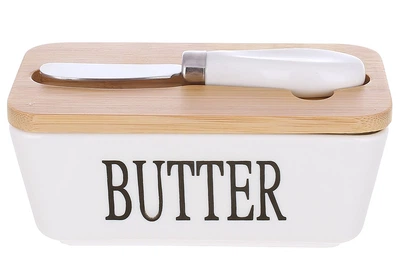 Масленка фарфоровая с бамбуковой крышкой и ножом для масла Butter 15*8.5*7.5см