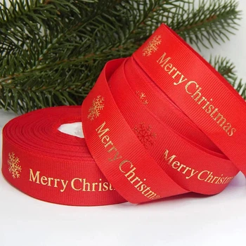 Лента репсовая, фольгированній принт Снежинки Merry Christmas 2,5 см, красный
