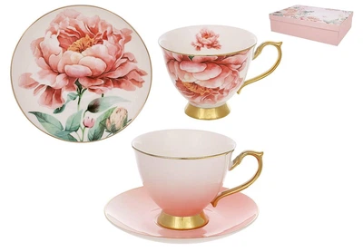Чайный фарфоровый набор Pink Peony: 6 чашек 200мл, 6 белый блюдец с розовым и золотом 999-050