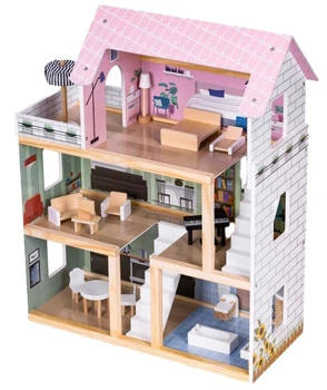 Domek dla lalek drewniany EcoToys 3 piętra Taras z kompletem 15 mebelków (5905817004003)