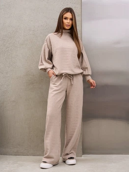 Костюм со штанами и кофтой в стиле casual трикотажный теплый оверсайз в стиле old money молодежный ISSA PLUS SA-678 L бежевый (issa2007682763719)