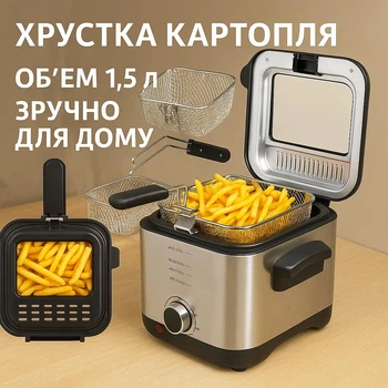 Домашня компактна фритюрниця 1200 Вт Crownberg CB-5542 з терморегулятором до 190°C антипригарной чашею та оглядовим вікном 1,5 л 1200 Вт