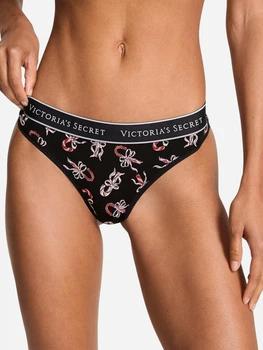 Трусики танга жіночі бавовняні Victoria's Secret Cotton Thong Logo 27176065 M Чорні (43652955162765)