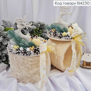 Коробка (17*13см)АИВОРИ, крышка с ОЛЕНЕМ, декорированная шишками, лентами и др., ручная раб.,Украина
