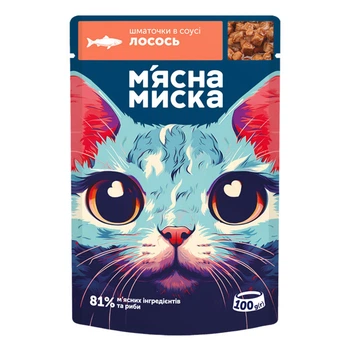 Влажный корм для кошек Мясная Миска кусочки в соусе с лососем, 100 г